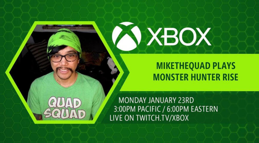 Mikethequad poster for official xbox channel playing monster hunter rise